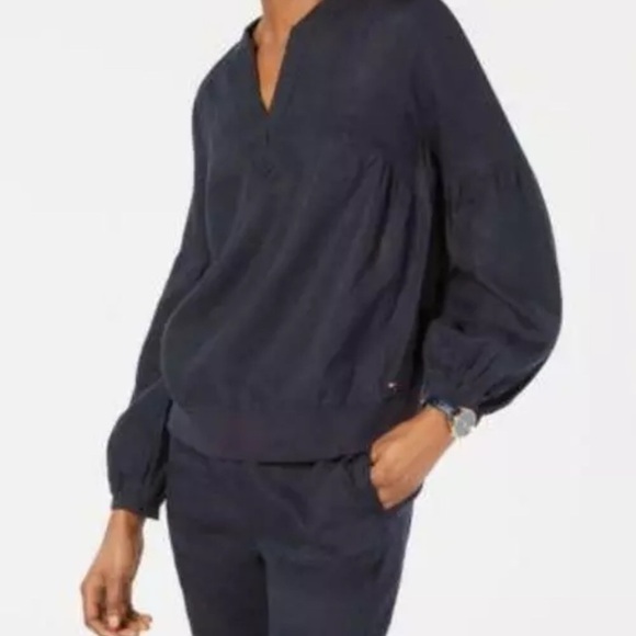 Gently Loved 100% Linen Tommy Hilfiger Navy Long Sleeve Blouson Beautiful - Picture 11 of 12